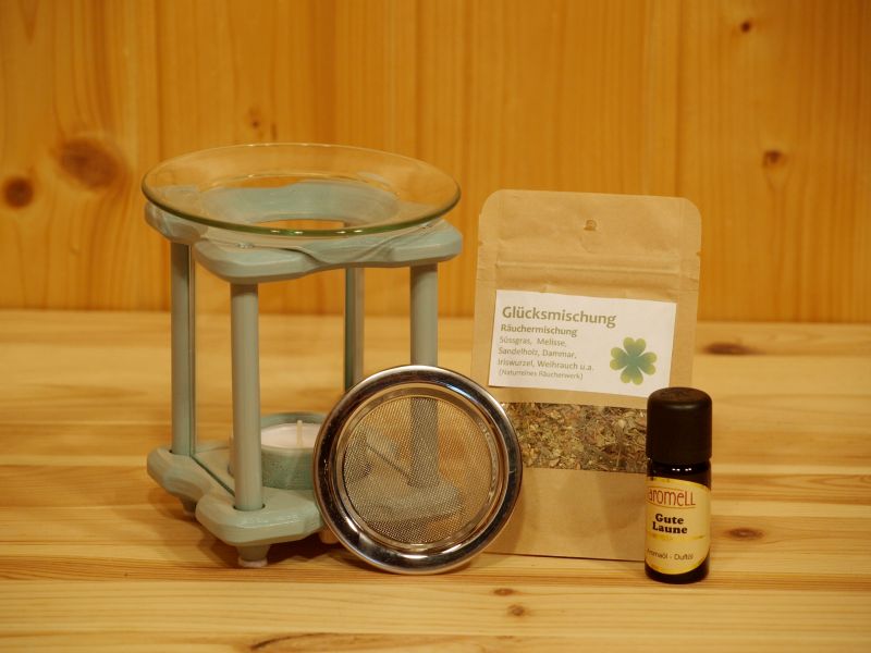 Duftlampe, Räucherlampe, Blumenform, Holz, vintagegrün, Komplett-Set 2