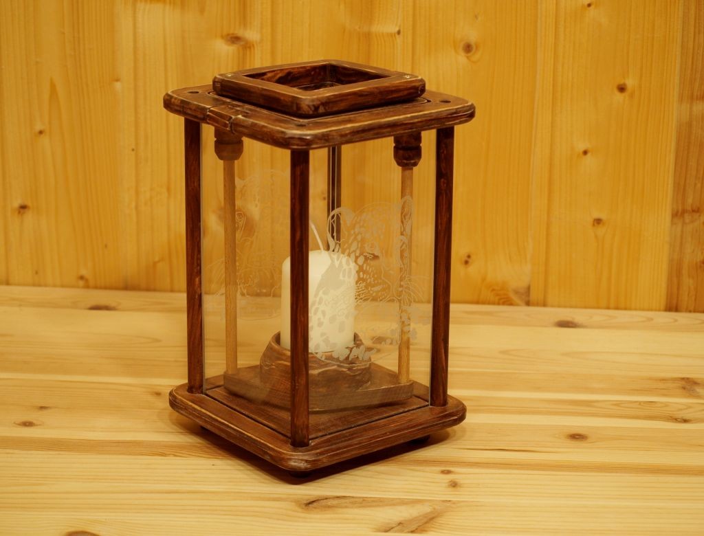 Dekolampe, Laterne, Windlicht, Holz, braun, rustikal, Leopard